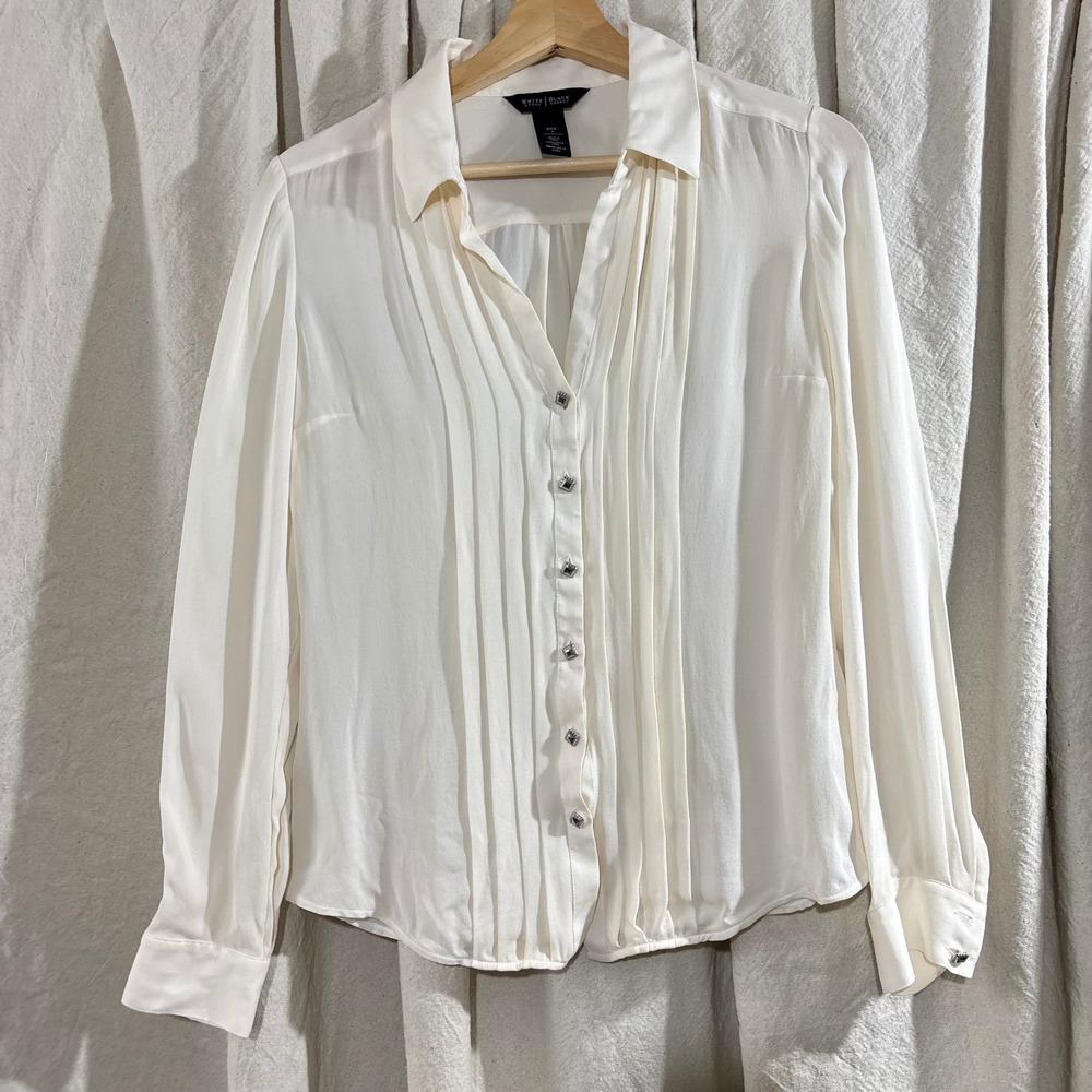 White House Black Market 100% Silk Pleated Button Up Blouse Ivory Cream Size 6